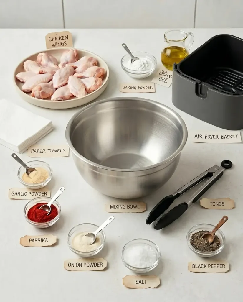 Chicken wings arranged with spices and kitchen tools on a countertop
