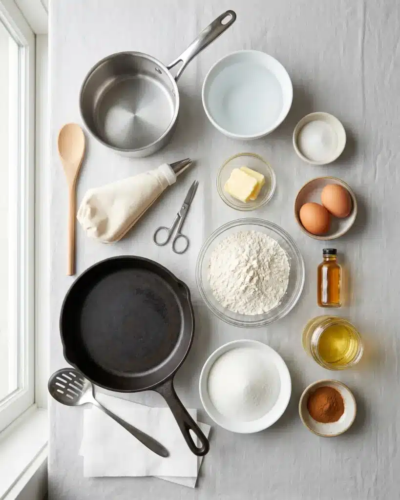 Ingredients and kitchen tools arranged neatly for making churros at home