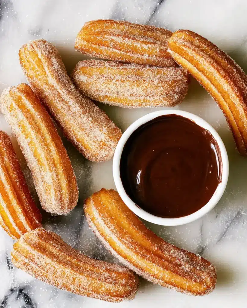 Churros arranged on a marble surface with a bowl of chocolate dipping sauce