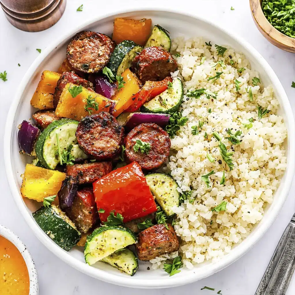 Close up of easy air fryer chicken sausage and veggies with zucchini, bell peppers, onions, and couscous