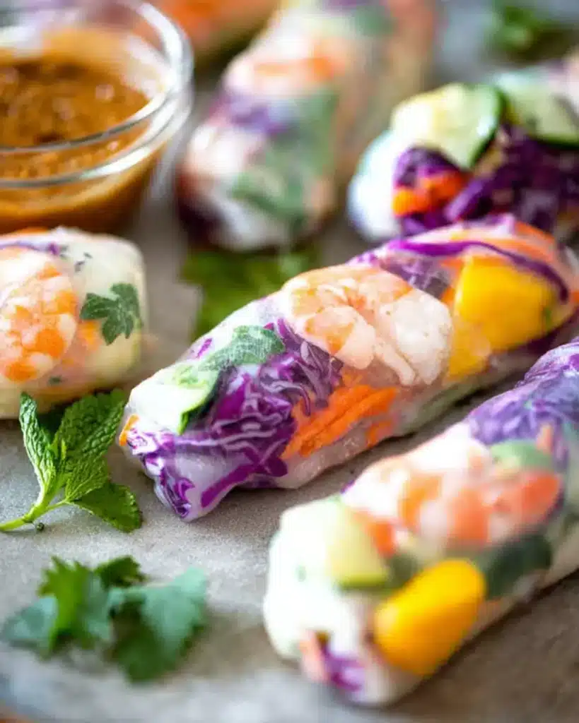 Close up of fresh rolls with shrimp and vegetables wrapped in soft rice paper