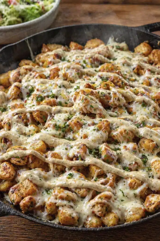 Close up of Garlic Parmesan Chicken and Potatoes with melted cheese and crispy golden texture