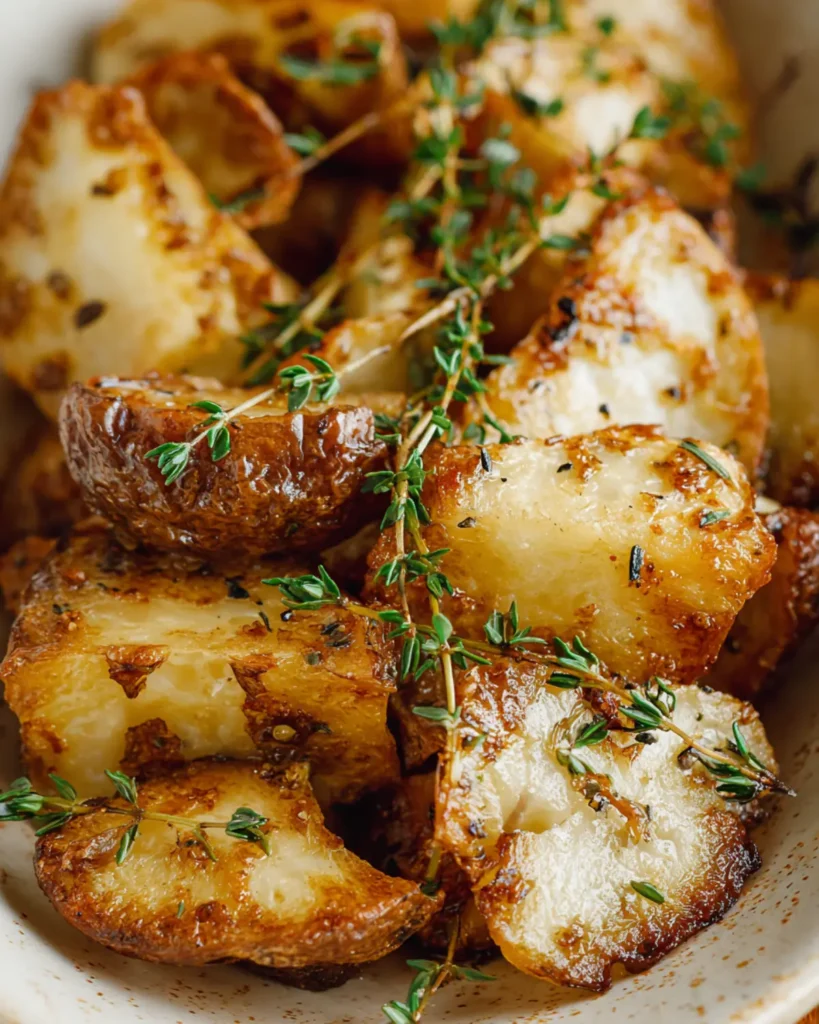 Close up of roasted sunchokes showing crispy edges and tender interior with herbs