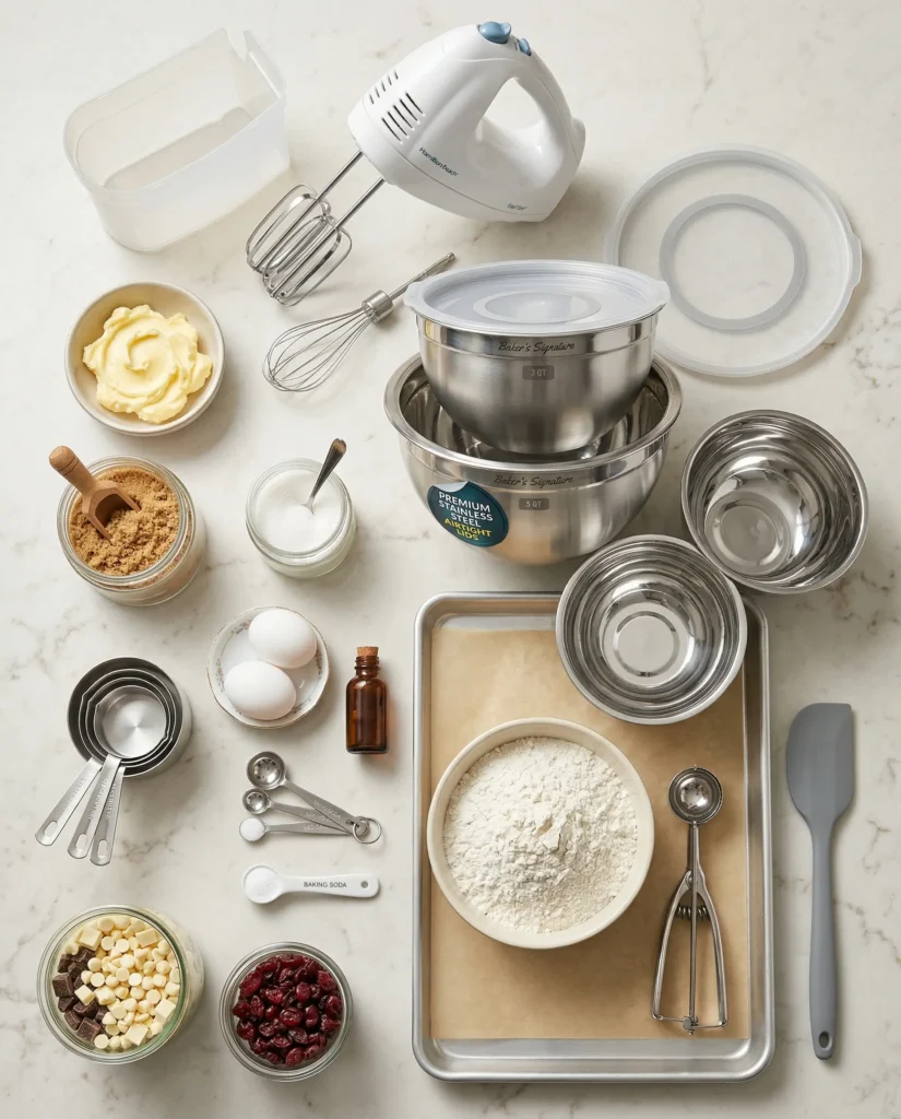 Baking ingredients and tools arranged neatly on a kitchen counter including flour, butter, eggs, and mixing bowls