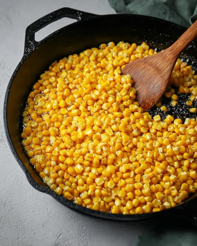 Corn kernels cooking in a cast iron skillet with a wooden spoon