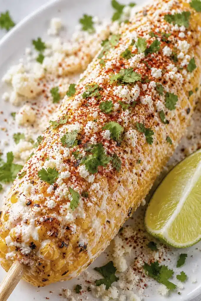 Mexican street corn on the cob topped with cotija cheese chili powder cilantro and lime