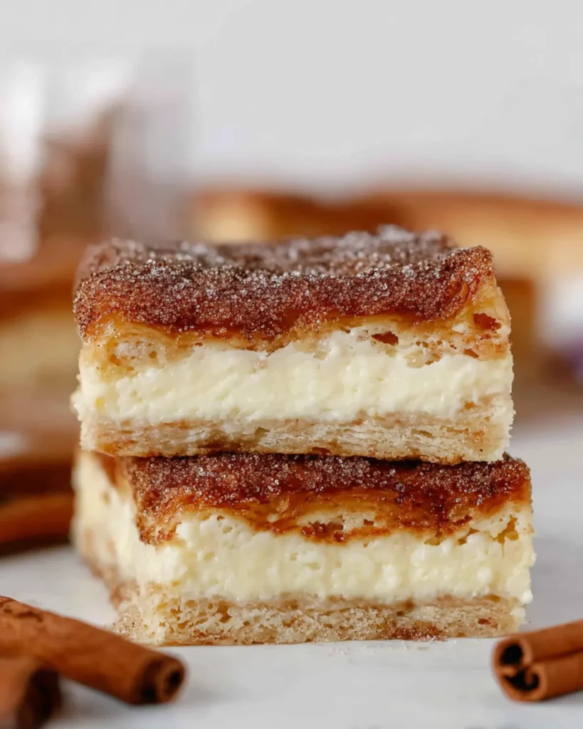 Close up of creamy cheesecake bars with golden layers and cinnamon sugar topping