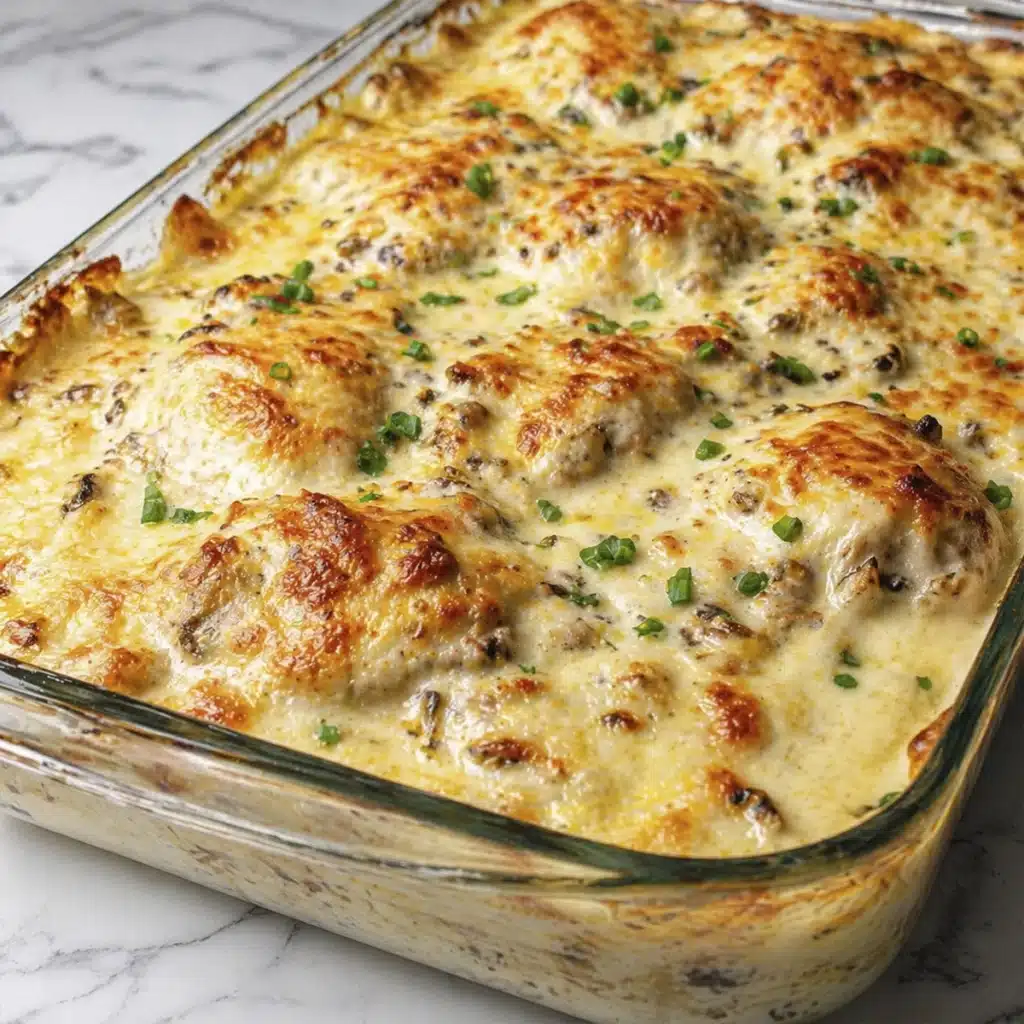 Creamy chicken bake in glass dish with golden melted cheese and mushrooms