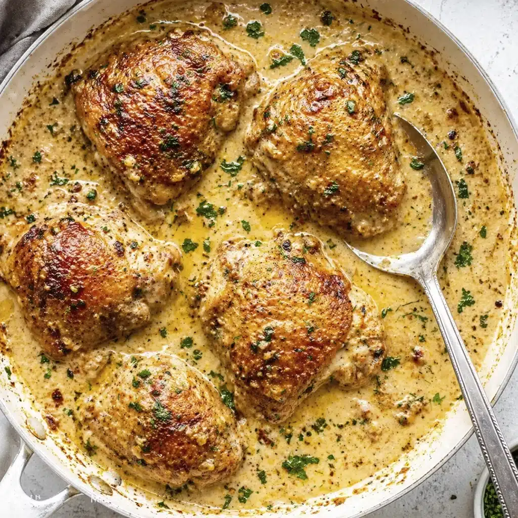 Golden seared chicken thighs in a creamy garlic sauce with herbs in a skillet