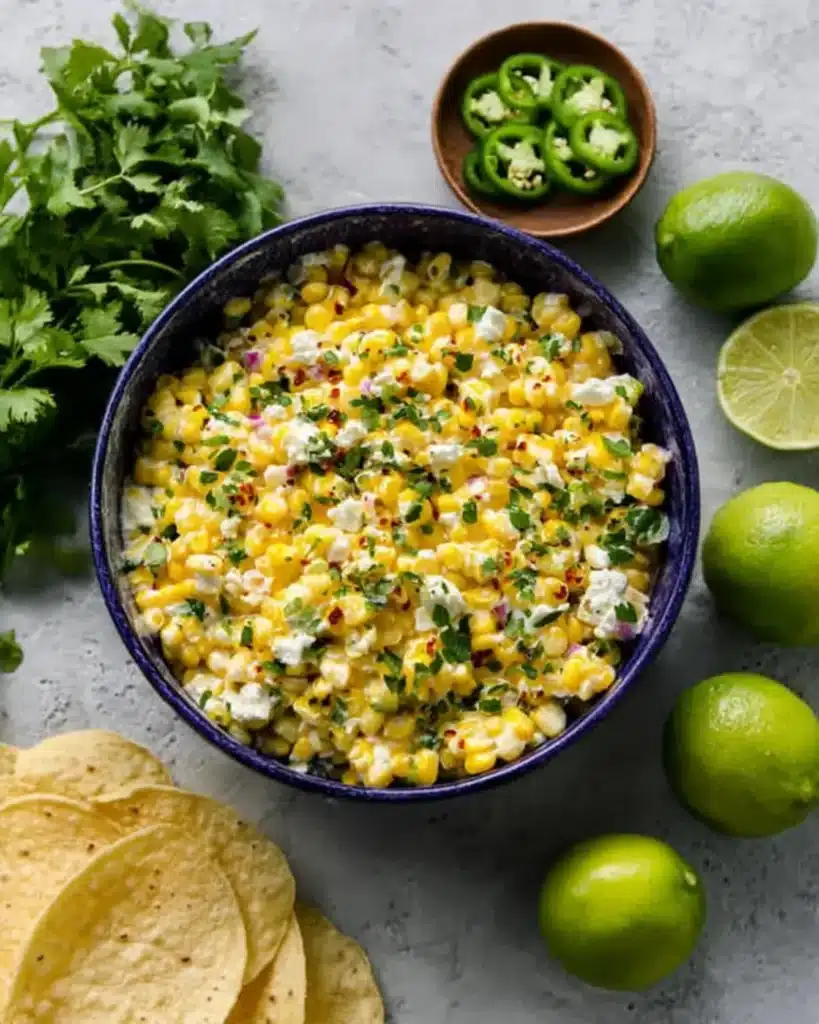 Top view of creamy corn salad with fresh herbs, lime, and sliced jalapeños on a light background