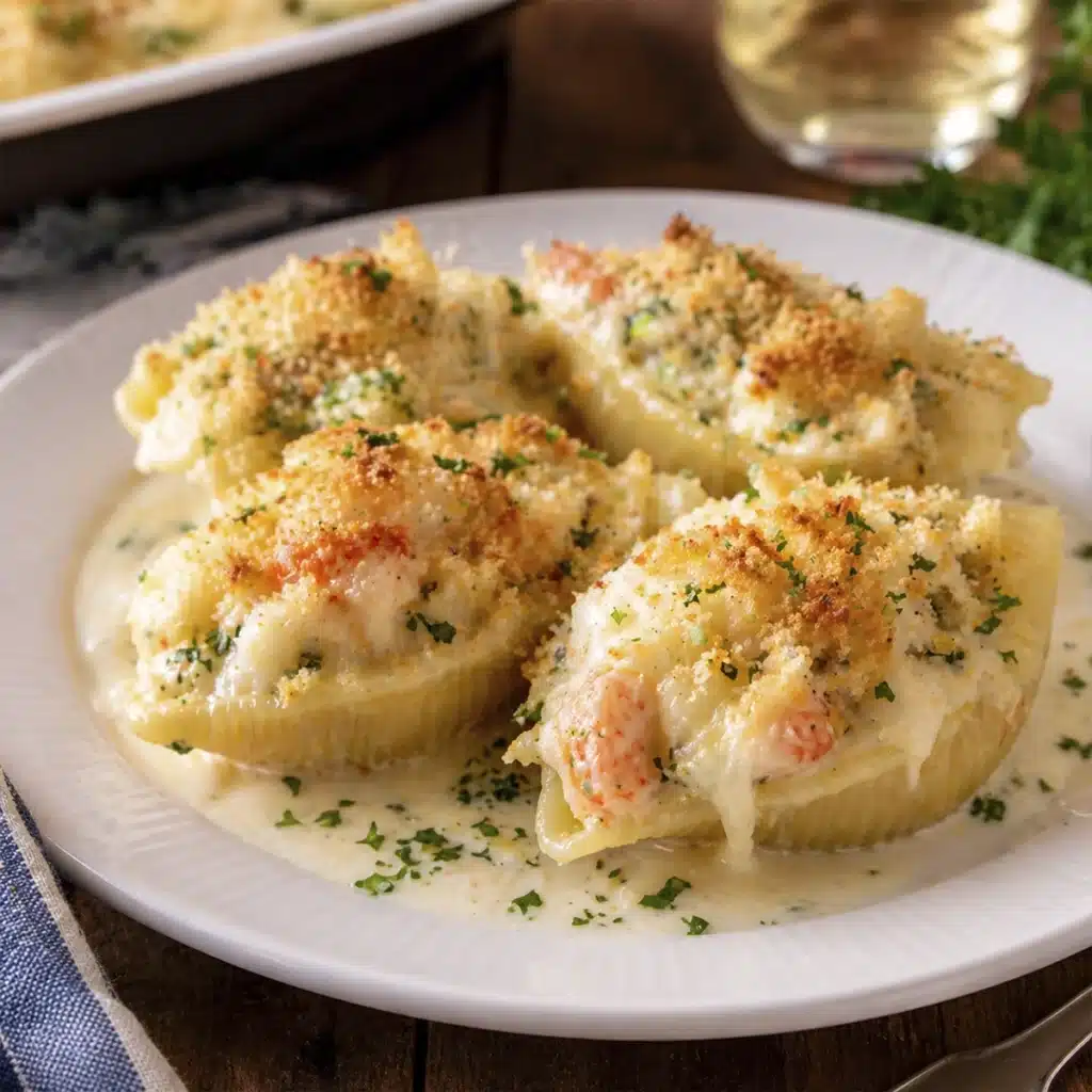 creamy seafood stuffed shells with melted cheese shrimp and rich cream sauce