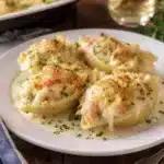 creamy seafood stuffed shells with melted cheese shrimp and rich cream sauce