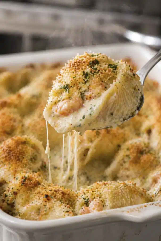 creamy seafood stuffed shells plated with creamy sauce and herbs on white plate