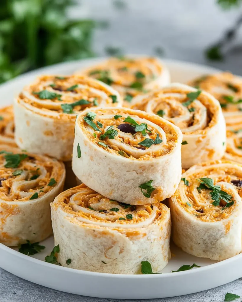 Creamy tortilla pinwheels filled with seasoned mixture and herbs on a white plate