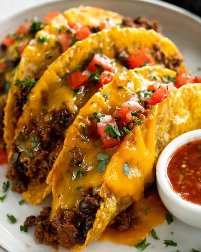 Crispy baked tacos filled with beef, melted cheese, and fresh diced tomatoes served with salsa