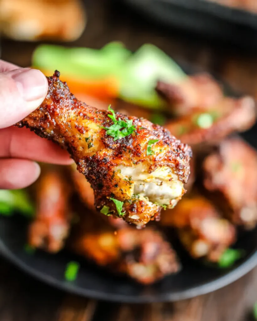 Hand holding a crispy chicken wing with juicy interior and golden seasoned crust