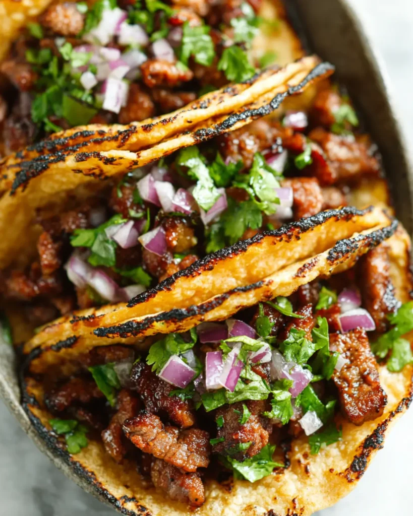 Close up of tacos with charred tortillas filled with seasoned meat, onions, and cilantro