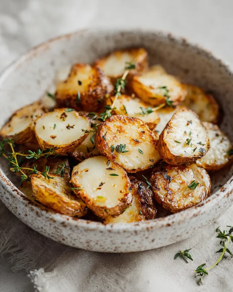 Crispy roasted sunchokes in a rustic ceramic bowl with thyme and warm tones