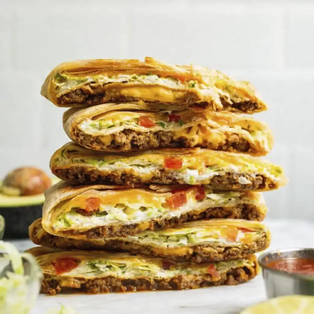 stacked crunch wrap supreme with melted cheese layers and seasoned beef filling