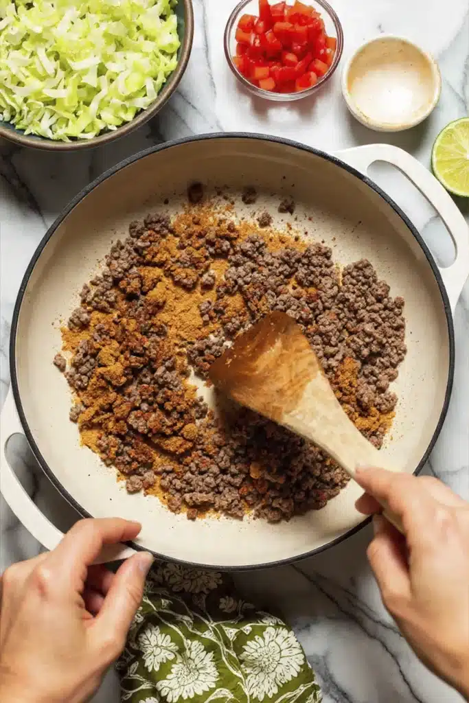 cooking seasoned ground beef for crunch wrap supreme in skillet