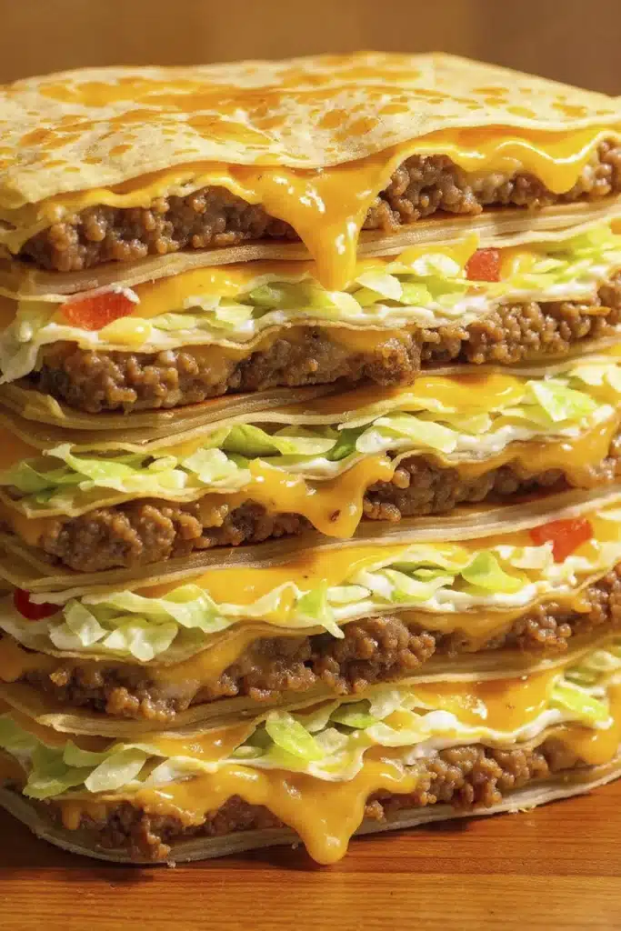 crispy crunch wrap supreme cut in half showing layers of beef cheese and lettuce