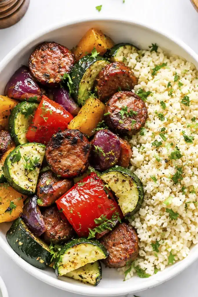 Easy air fryer chicken sausage and veggies served with couscous, zucchini, bell peppers, and red onion in a healthy dinner bowl