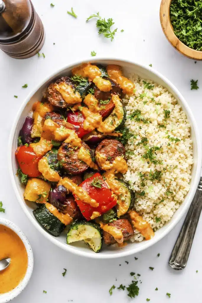 Easy air fryer chicken sausage and veggies with creamy spicy sauce, roasted vegetables, and couscous in a bowl
