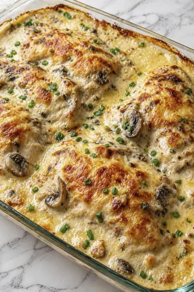 Easy creamy chicken bake recipe with juicy chicken and creamy sauce in oven dish
