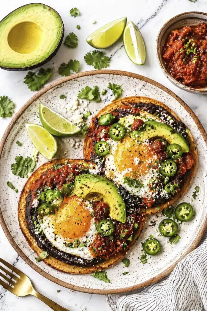 Easy huevos rancheros recipe with two tortillas, fried eggs, avocado, jalapenos, and salsa