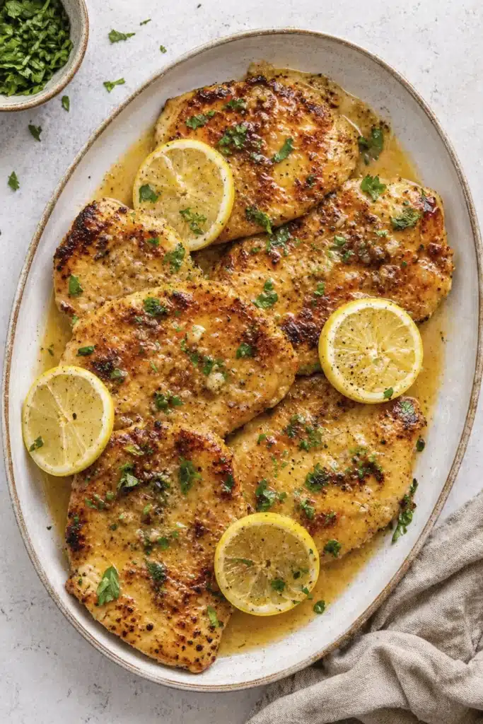 easy Lemon Chicken Recipe cooked in skillet with garlic butter lemon sauce and fresh parsley
