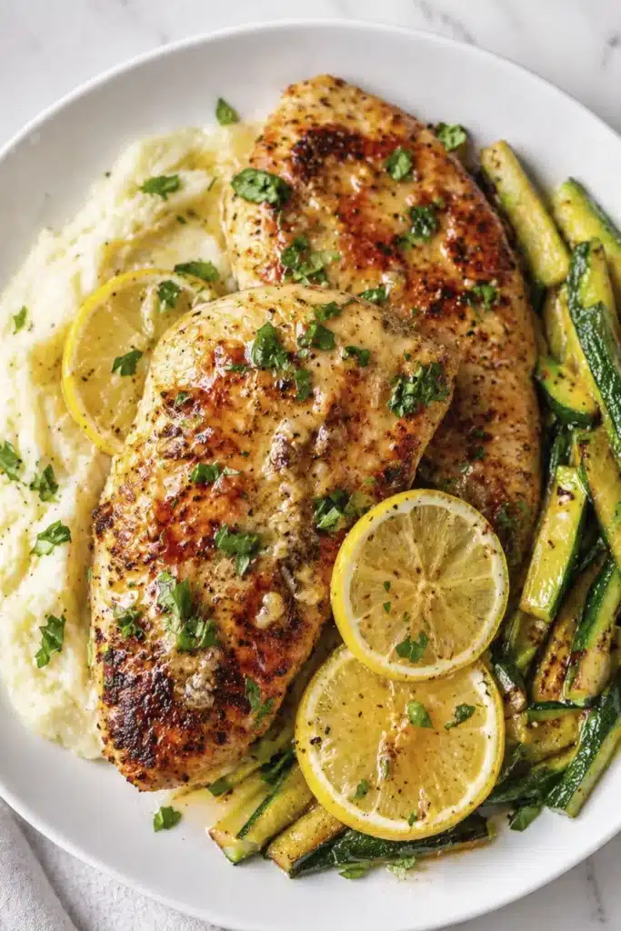 easy Lemon Chicken Recipe baked chicken thighs with lemon slices and garlic sauce