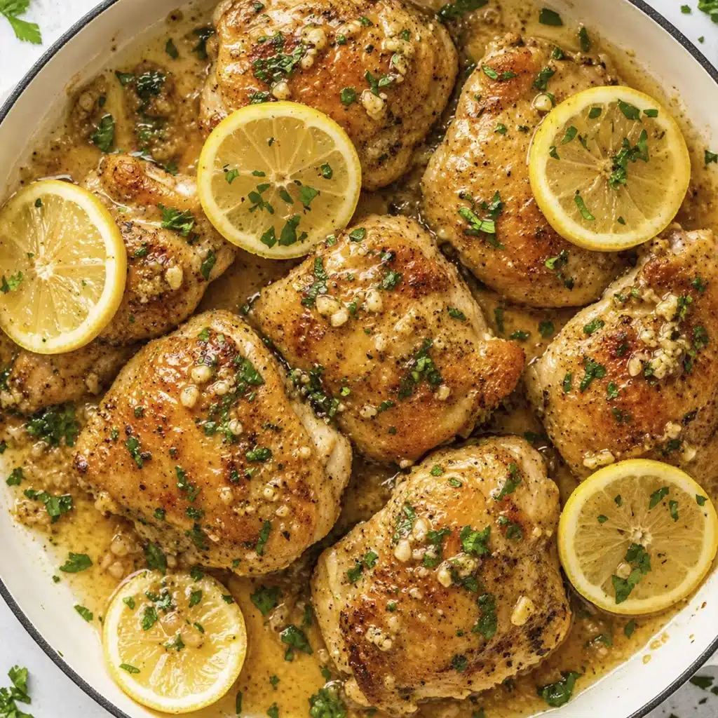 easy Lemon Chicken Recipe served with mashed potatoes and zucchini with fresh lemon slices