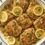 easy Lemon Chicken Recipe served with mashed potatoes and zucchini with fresh lemon slices