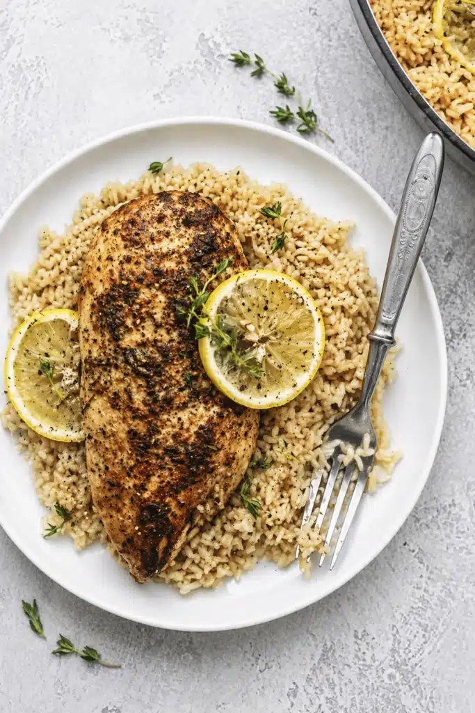 Plated lemon herb chicken and rice with juicy chicken breast, fluffy rice, and lemon slices on white dish