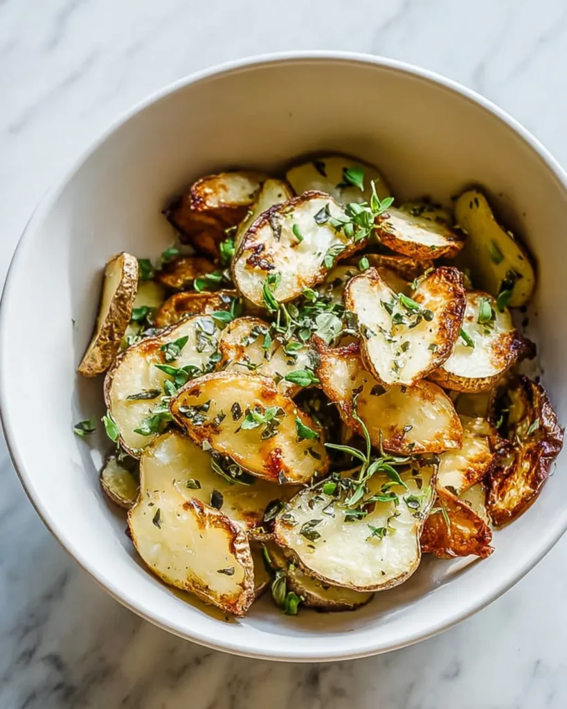 Roasted sunchokes served in a white bowl with golden edges and fresh herbs on top