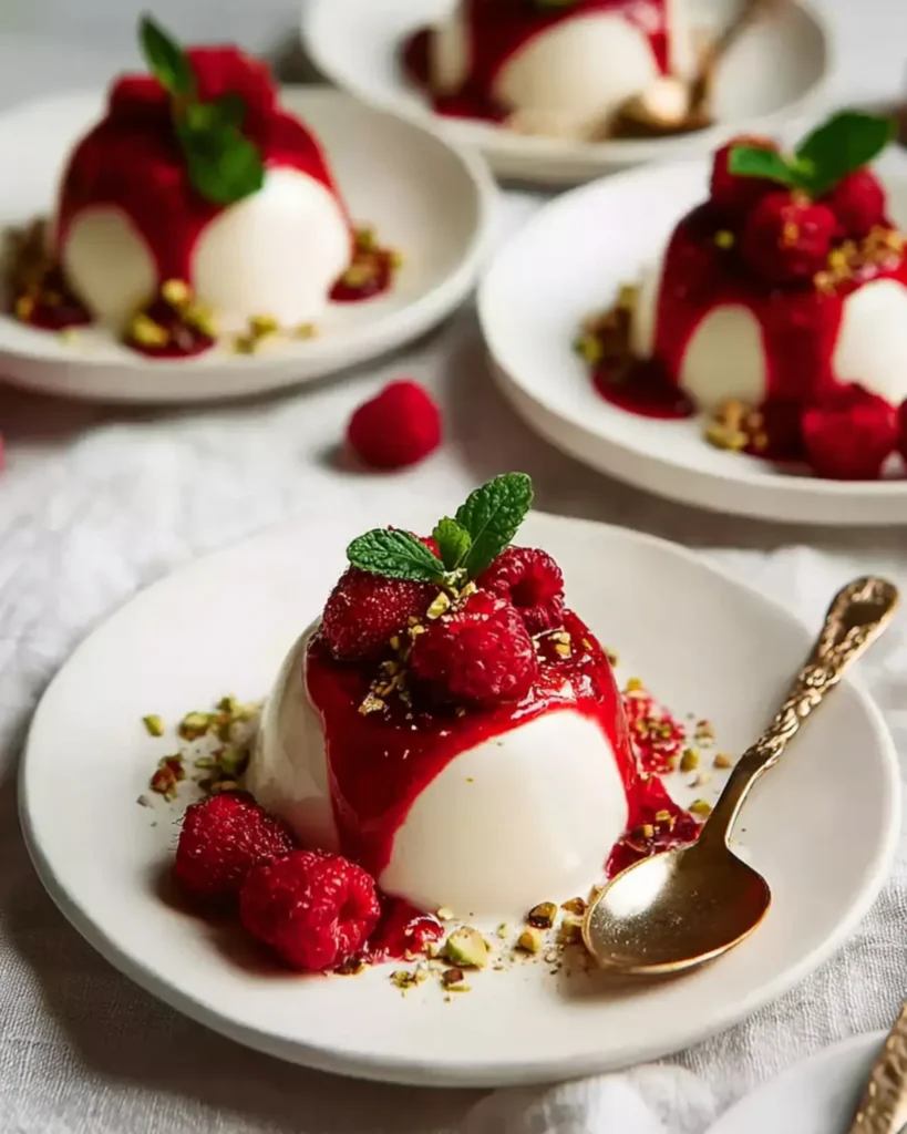 Creamy panna cotta topped with raspberry sauce and fresh berries on white plates