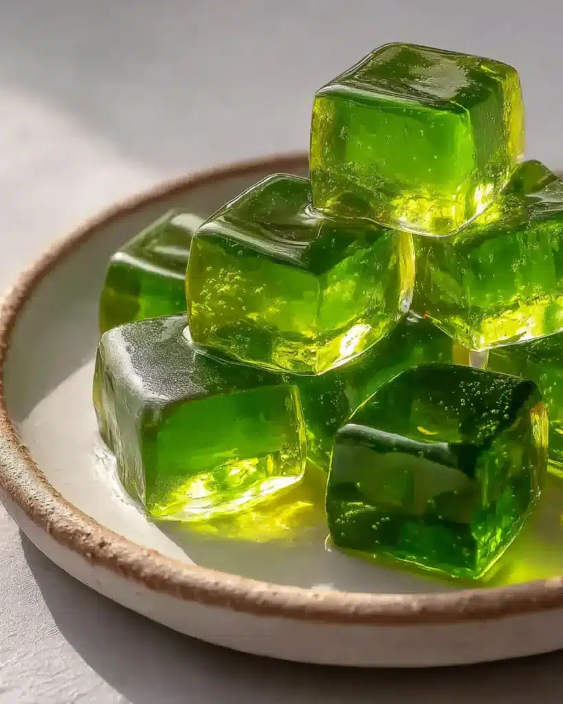 Glossy green gelatin cubes stacked on a plate with soft natural lighting