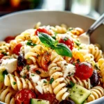 Fresh pasta salad with rotini, cherry tomatoes, cucumber, olives and feta cheese in a bowl