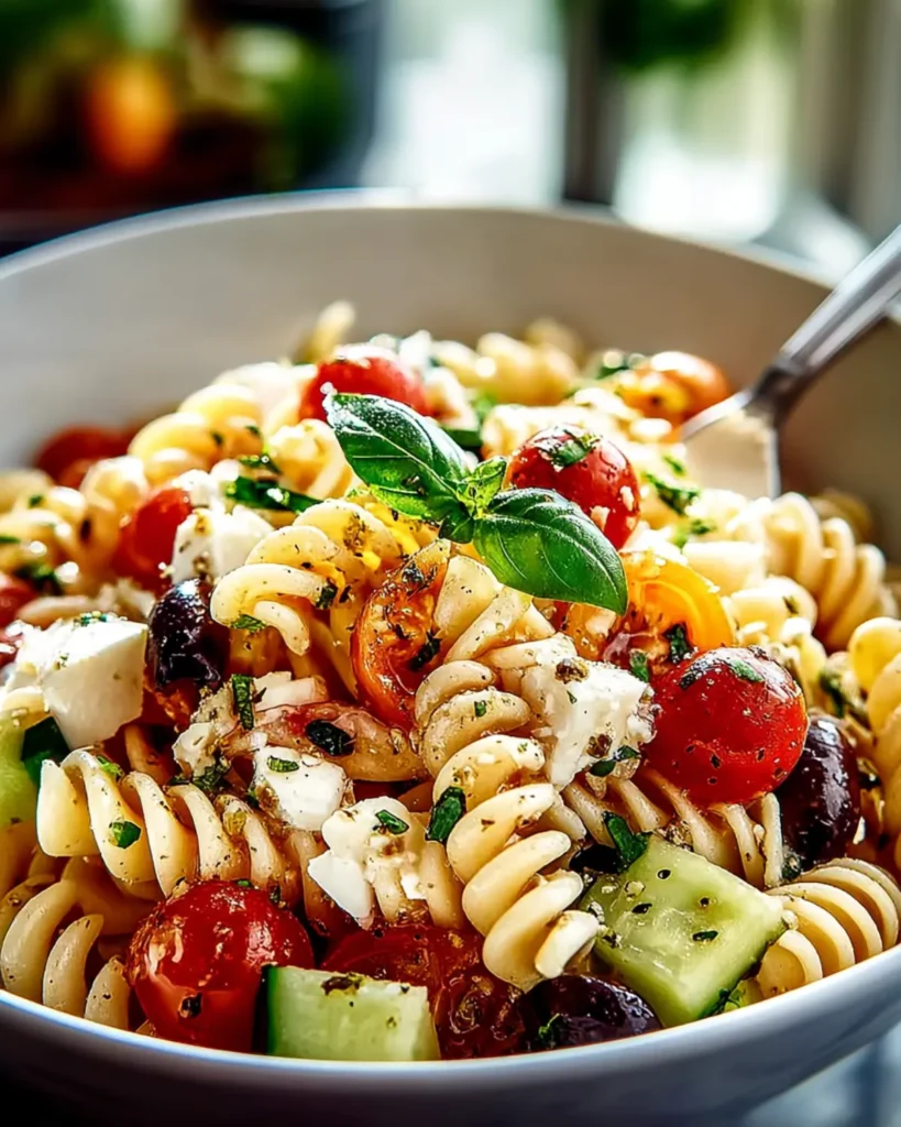 Fresh pasta salad with rotini, cherry tomatoes, cucumber, olives and feta cheese in a bowl