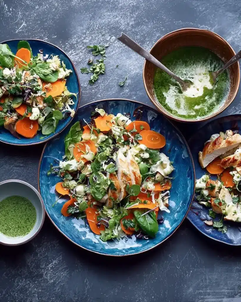 Plates of mixed salad with grilled chicken and green herb sauce