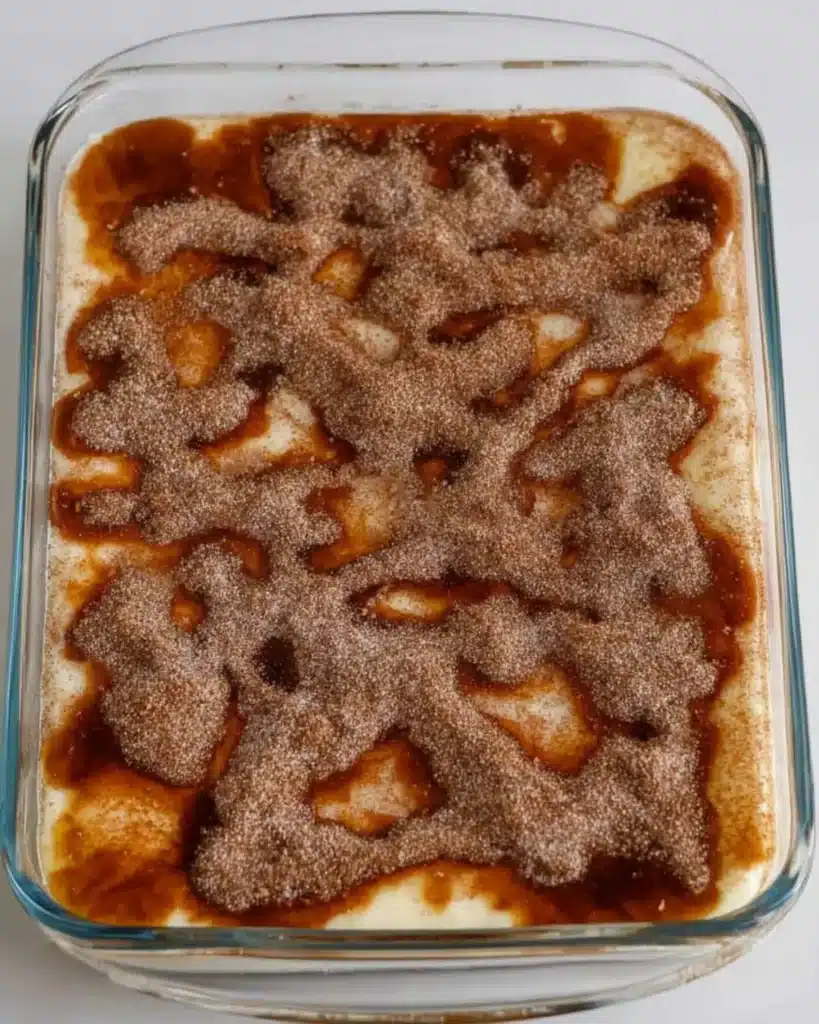 Baked dessert in glass dish with cinnamon sugar topping across the surface