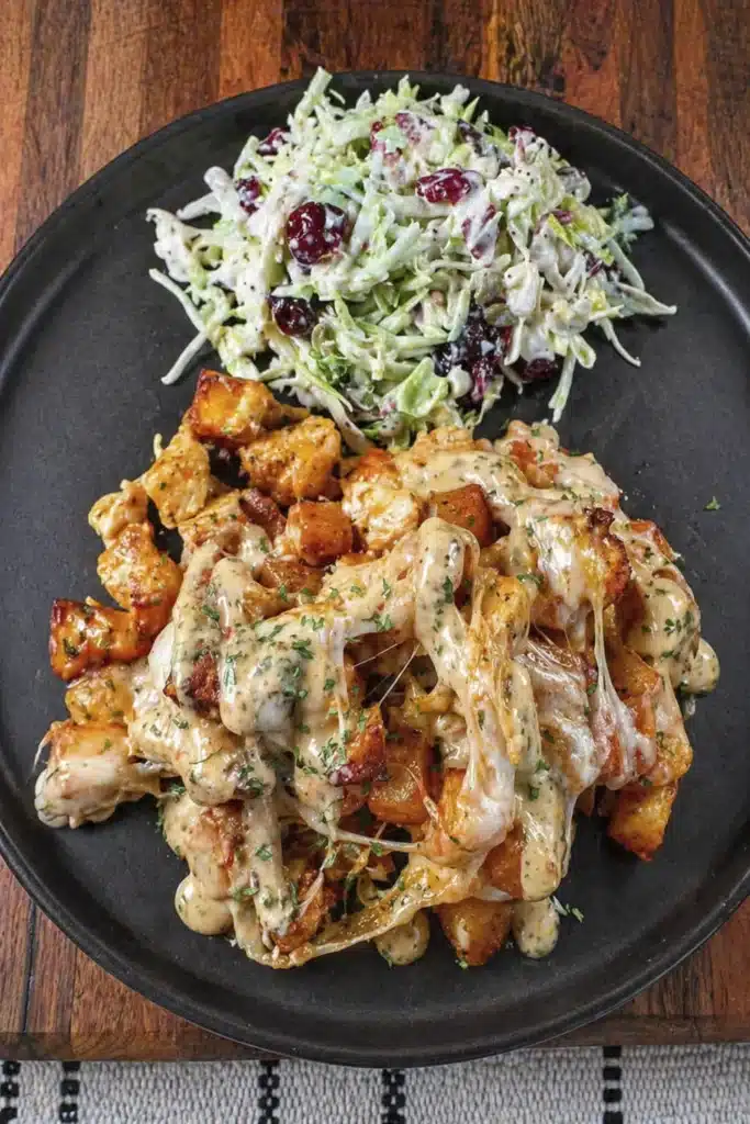 Plated Garlic Parmesan Chicken and Potatoes served with fresh salad and creamy garlic sauce