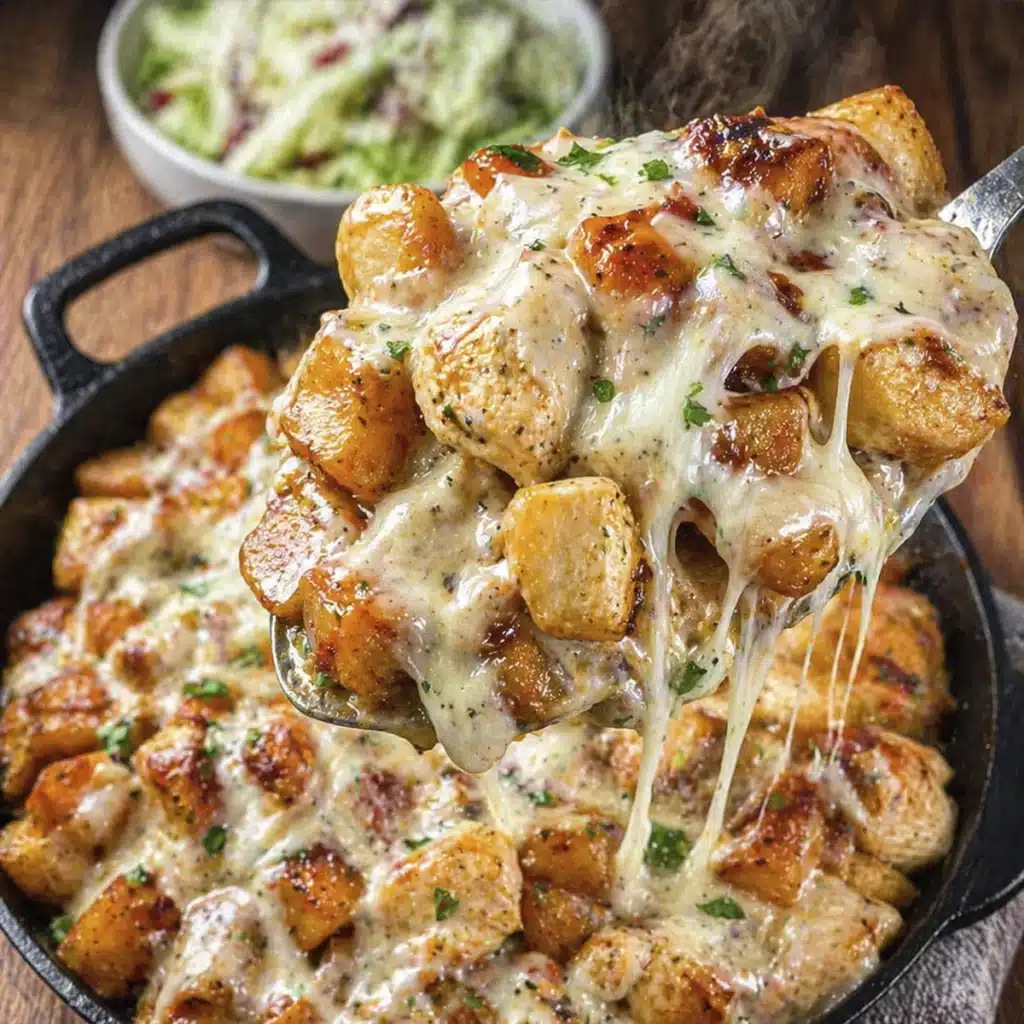 Garlic Parmesan Chicken and Potatoes in a skillet with melted cheese and crispy roasted potatoes