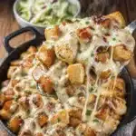 Garlic Parmesan Chicken and Potatoes in a skillet with melted cheese and crispy roasted potatoes