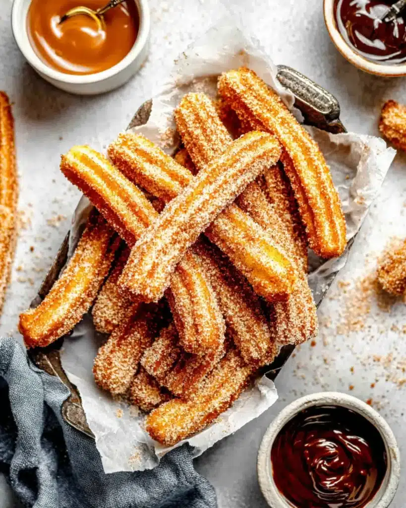 Freshly fried churros coated in sugar served with chocolate and caramel dipping sauces