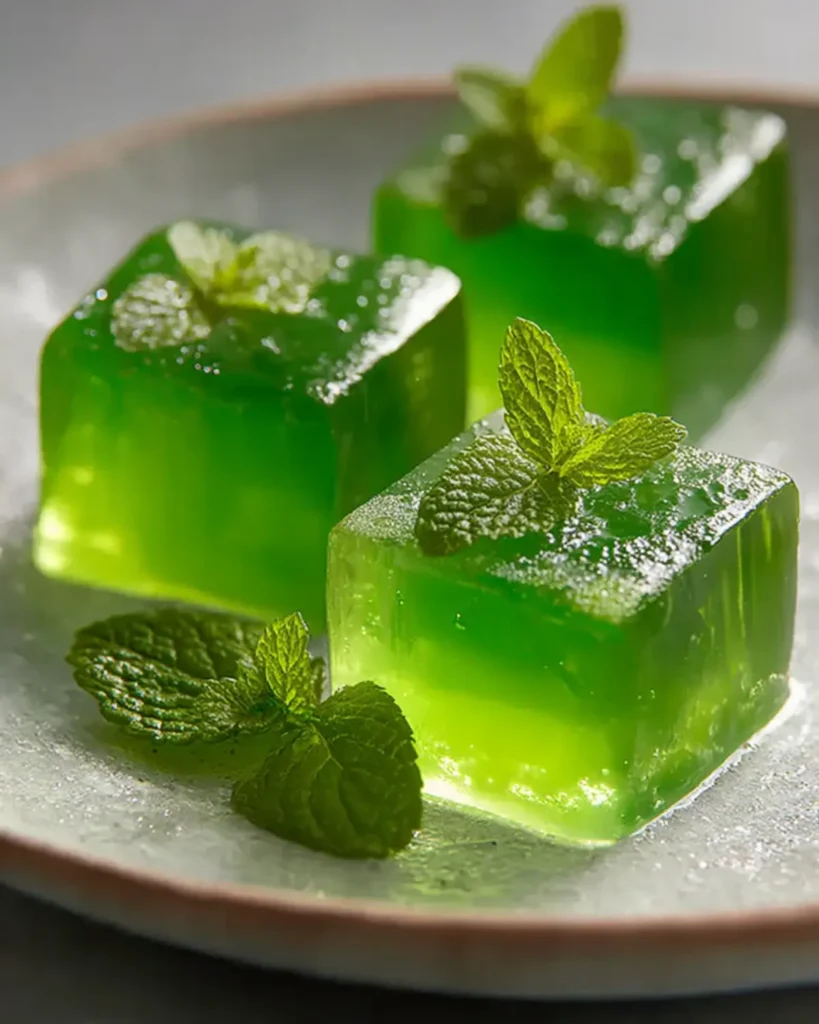 Translucent green gelatin cubes topped with mint leaves on a plate