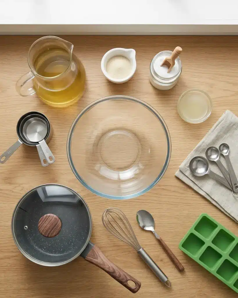 Ingredients and kitchen tools arranged neatly for preparing a light green tea gelatin dessert
