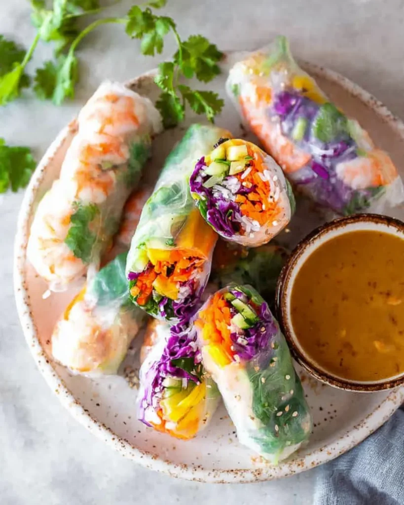 Fresh rolls arranged on a plate with peanut sauce and herbs on the side