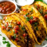 Golden taco shells filled with seasoned beef, melted cheese, and fresh herbs served with dipping sauces