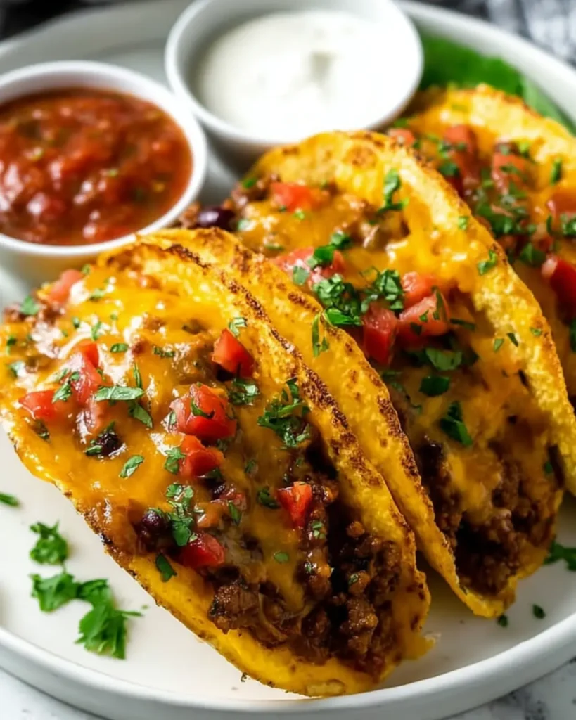 Golden taco shells filled with seasoned beef, melted cheese, and fresh herbs served with dipping sauces